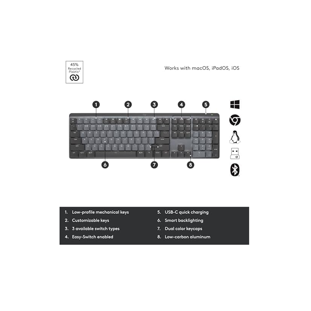 Logitech MX Mechanical Wireless Illuminated Keyboard – Tactile, Graphite