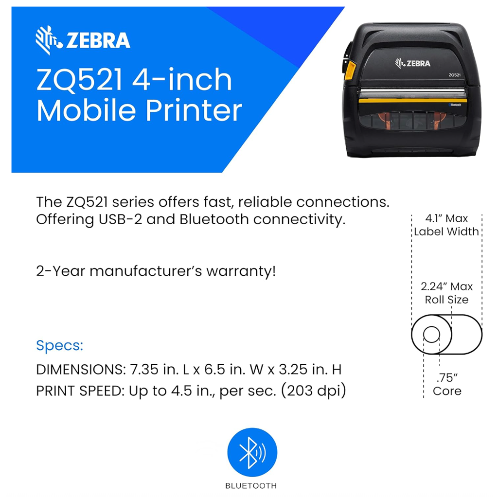 Zebra ZQ521 4″ Rugged Mobile Thermal Printer – Ink-Free